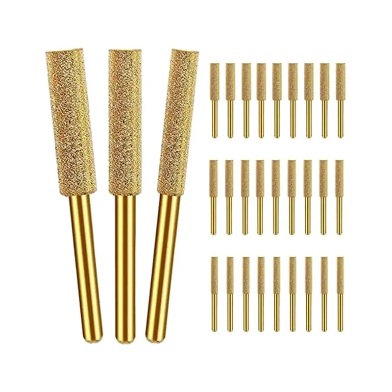 30Pcs Multi-Size Titanium Plated Corundum Jade Chainsaw Sharpener - 10Pcs Each Size (5/32in, 3/16in, 7/32in Bits), 3mm Shank, 3/16in Small Oil Chain Saw Wheels, Easy-to-Use Chainsaw Chain Grinding Head for Glass Polishing, Precious Stone Sculpture