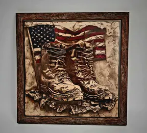 Laser Engraved Military Boots with U.S Flag Patriotic Veteran Tribute Artwork for Display Decor Gift Memorial Ornaments Photo Decoration