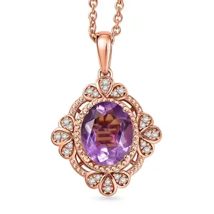 Rose De  Amethyst and White Zircon 3.50 ctw Pendant in 18K Rose Gold Plated with ION Plated Rose Gold Stainless Steel Necklace 20 Inches
