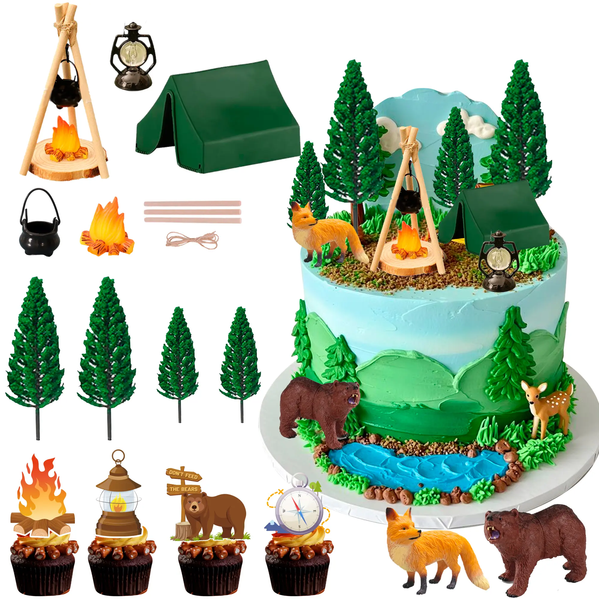 25pcs Forest Camping Cake Decorations, Camping Cake Topper Camping Party Cupcake Toppers Camping Themed Cake Decorations for Camping Birthday Party Decorations