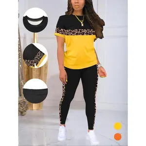 Women's Colorblock Leopard Print Tee & Trousers Two-piece Set, Casual Fashion Cozy Round Neck Short Sleeve T-shirt & Skinny Pants for Daily Outdoor Wear, Ladies Summer Clothes