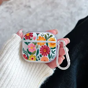 Vibrant Floral Bloom Pattern Protective Case for AirPods 4/3/2/1/Pro/Pro2 Soft TPU Earphone Cover, Transparent with Keychain
