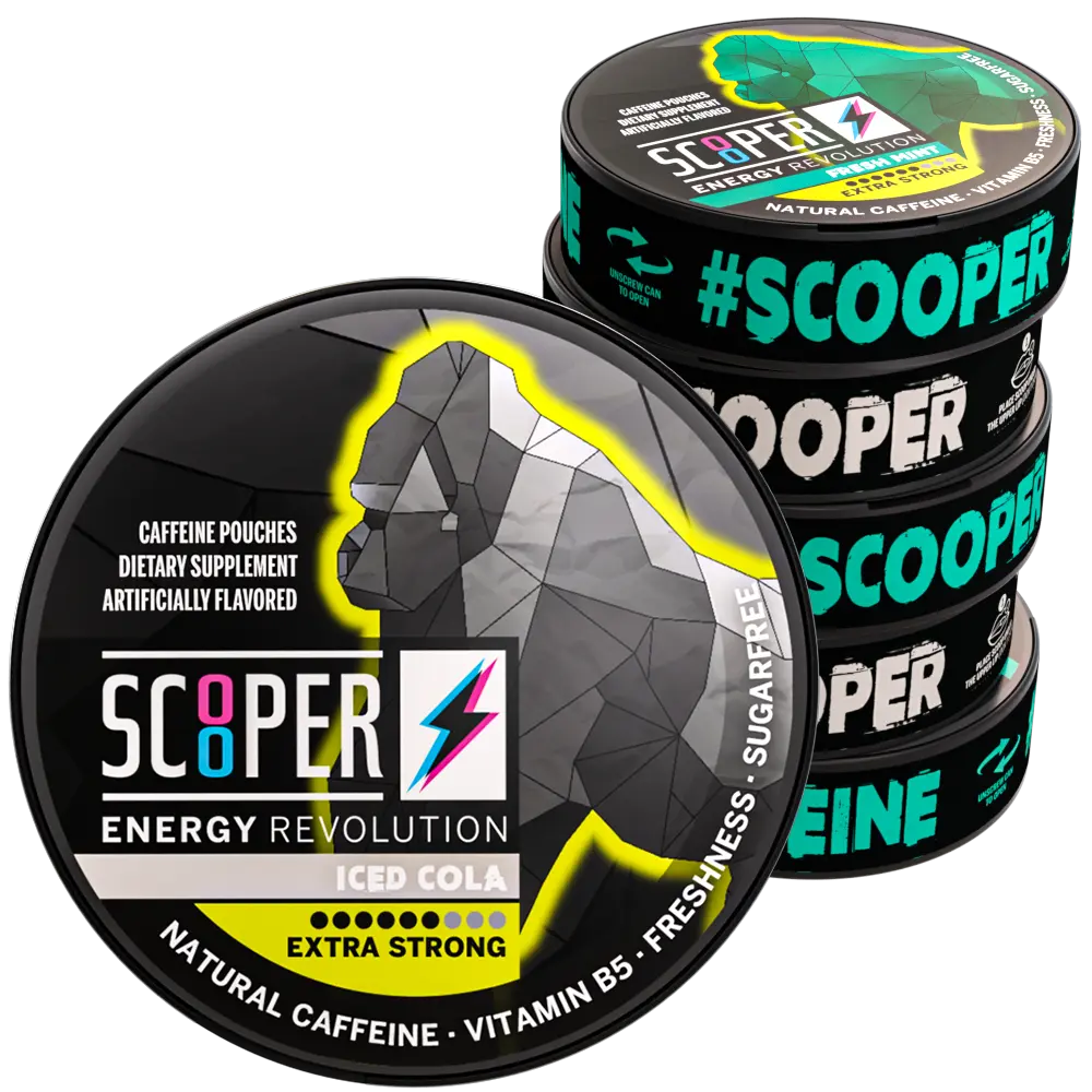 SCOOPER Energy Pulse Pack Extra Strong 80mg Caffeine Sugarfree Energy Pouches Iced Cola Flavor 12 Pouches Natural Caffeine Vitamin B5