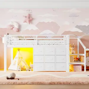 Twin Low Loft Bed with Multi-Storage Spaces, Including Fabric Drawers, Fabric Shelves Beside the Bed, Storage Stairs, Metal Loft Bed with Lights and Ample Under-bed Spaces, Black /White