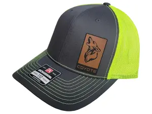 Richardson 112 Gray/Neon Green hat with Coyote Mustang Ford brown leatherette patch