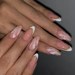 24pcs Medium Almond Press-On Nails, Marble Color Block, Sweet Cool French Style, Women's Party Dance Daily Wear, Glitter Nails