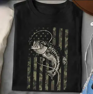 Youth and Adult Fishing Camo American Flag Bass Fish T-Shirt, Perfect Gift For Fishing Lovers, Family Gifts, Summer Outfits, Graphic Tee, Gift for Boys Girls, Youth Clothing
