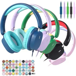 Headphones Bulk 5 Pack for School,  Mic Stereo Sound Over-Ear Headphones for Classroom, Comfortable Fit, Foldable, 3.5mm Jack Wired Headphones for  ipad Tablets Computer Travel, Colorful