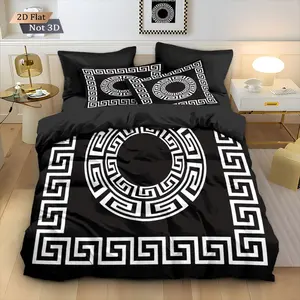 Luxury Greek Key Bedding Set 3Pcs (1 Duvet Cover + 2 Pillowcases), Black White Geometric Printed Soft Comforter Cover, Modern Minimalist Bedroom Decor