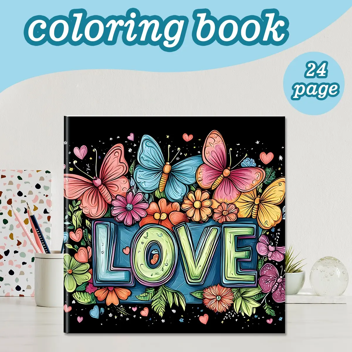 Love Theme Coloring Book, 24 Bold Stress-Relief Designs, 7.9in X 7.9in Convenient Size, Thick Paper Quality, Cute Hand-Drawn Creative Original Artwork, Gift for Adults Kids Teens, Suitable For All Ages