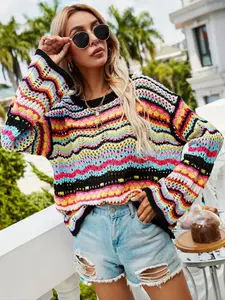 Women's Casual Striped Knit Pullover Sweater, Tops, Round Neck Long Sleeve Drop Shoulder Jumper, Fall Winter Fashion, Cozy & Stylish Design