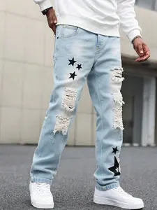 Blue Ripped Jeans for men Straight Leg Fashion Comfort Mid Waist Denim Pants Star Embroidery Casual Trousers y2k Streetwear