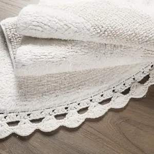 Half Circle Bohemian Bathroom Rug with Handwoven Chrochet Border Beautifully Handcrafted 100 Cotton Mat 22x42 Round Boho Bedroom Rug Boho Bathroom Decor Machine Washable White