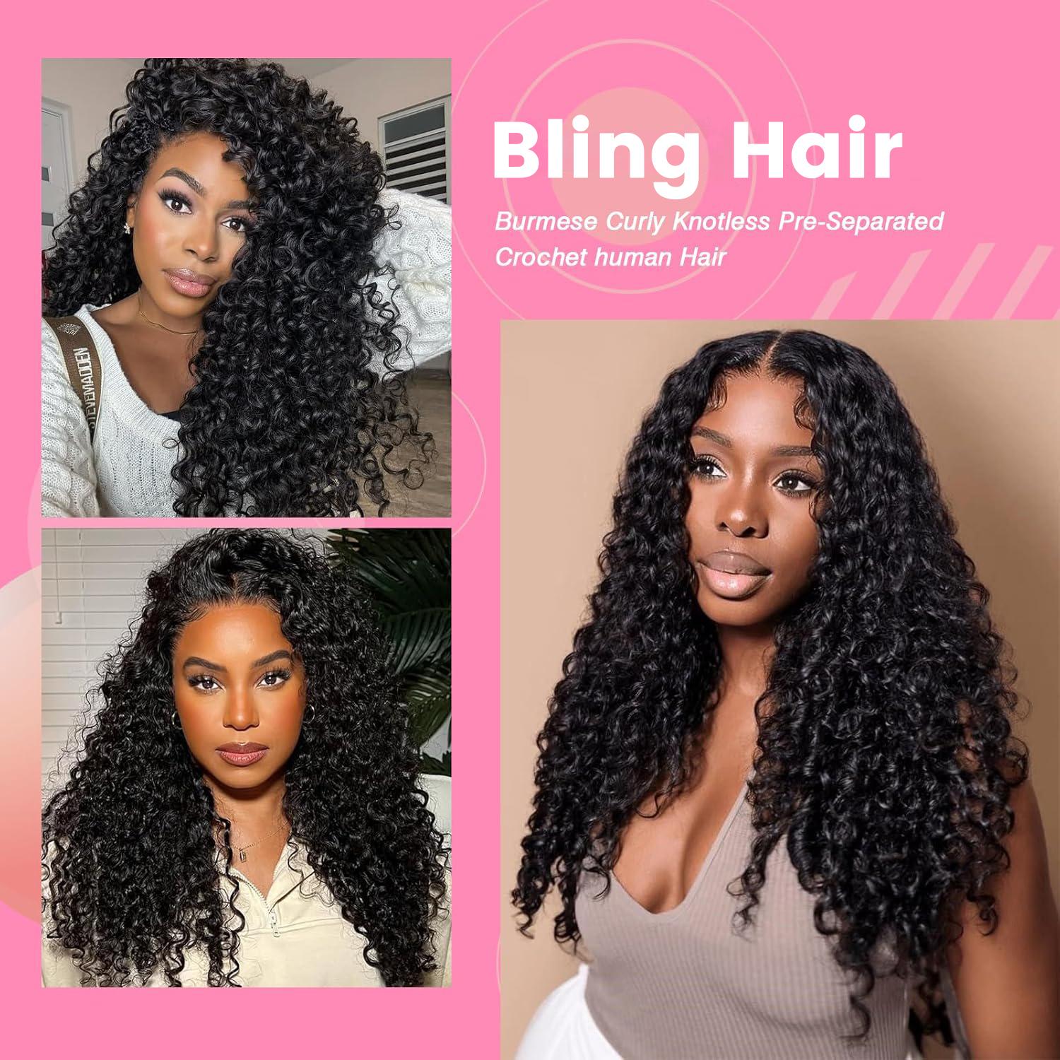 Bling Hair Burmese Curly Crochet Human Hair for Miracle Knots Boho Braids Burmese Curly Knotless Pre-Separated 50g / Bundle - Time-Saving,  4 to 5 Bundles Recommended for a Full Head