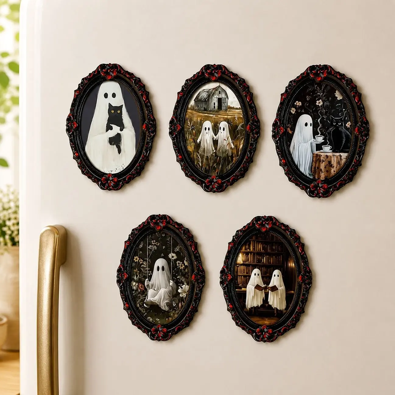 Cute Ghost Fridge Magnet, Vintage Gothic Ghost & Black Cat Refrigerator Magnet, Spooky Halloween Kitchen Decor, Book Lover Gift