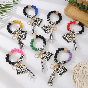 Western Boho Silicone Beaded Keychain Bracelet, Y2K Cowgirl Aesthetic TikTok Viral, Fringed Denim Bag Charm Wooden Cow Bead Keychain, Multi-use Car Key Holder for Purse/Backpack, Soft Durable Silicone Beads, Festival & Daily Wear Gift for Women