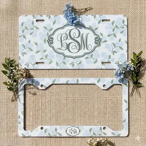 Personalized Floral License Plate Frame, Monogram Blue Hydrangea Car Tag, Car Accessories for Women, Birthday Gift