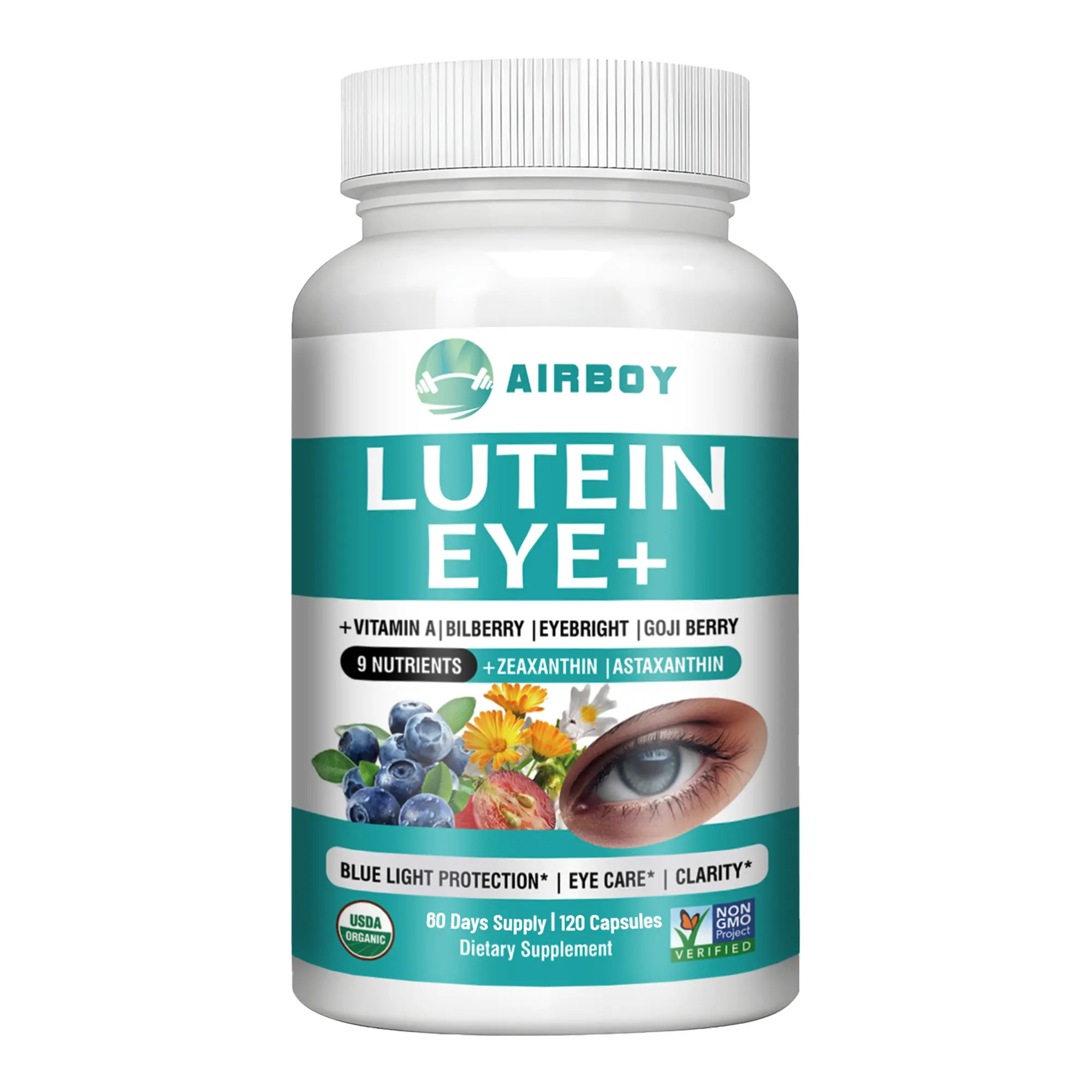 120 dietary supplement capsules that support visual performance and eye health. This 9-in-1 formula is rich in premium nutrients—including lutein, vitamin A, and astaxanthin—and is enhanced with bilberry, eyebright, and grape seed extracts.
