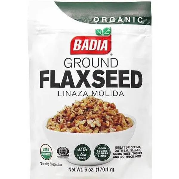 BADIA Organic Ground Flax Seeds, 6oz High-Fiber Herb & Seasoning, Pre-Milled for Immediate Absorption, Ideal for Oatmeal, Smoothies, Pancake Batter, Room-Temperature Storage Compatible