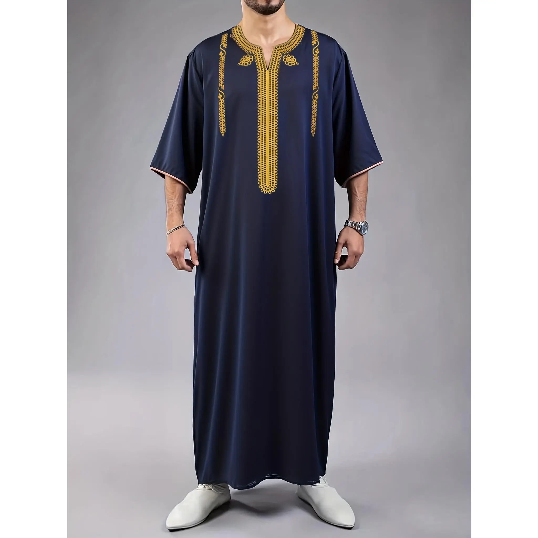 Men's Moroccan Style Thobe with Intricate Embroidery, Short-Sleeved Loose-Fit Long Islamic Cultural Wear, Robe, Tribal, Casual, Xxl, Hooded, Jubba Thobe, Side Pockets, Woven, Practicality Meets Style, Moroccan Kandora, Fashion Apparel, Fabric, Cultural Ev