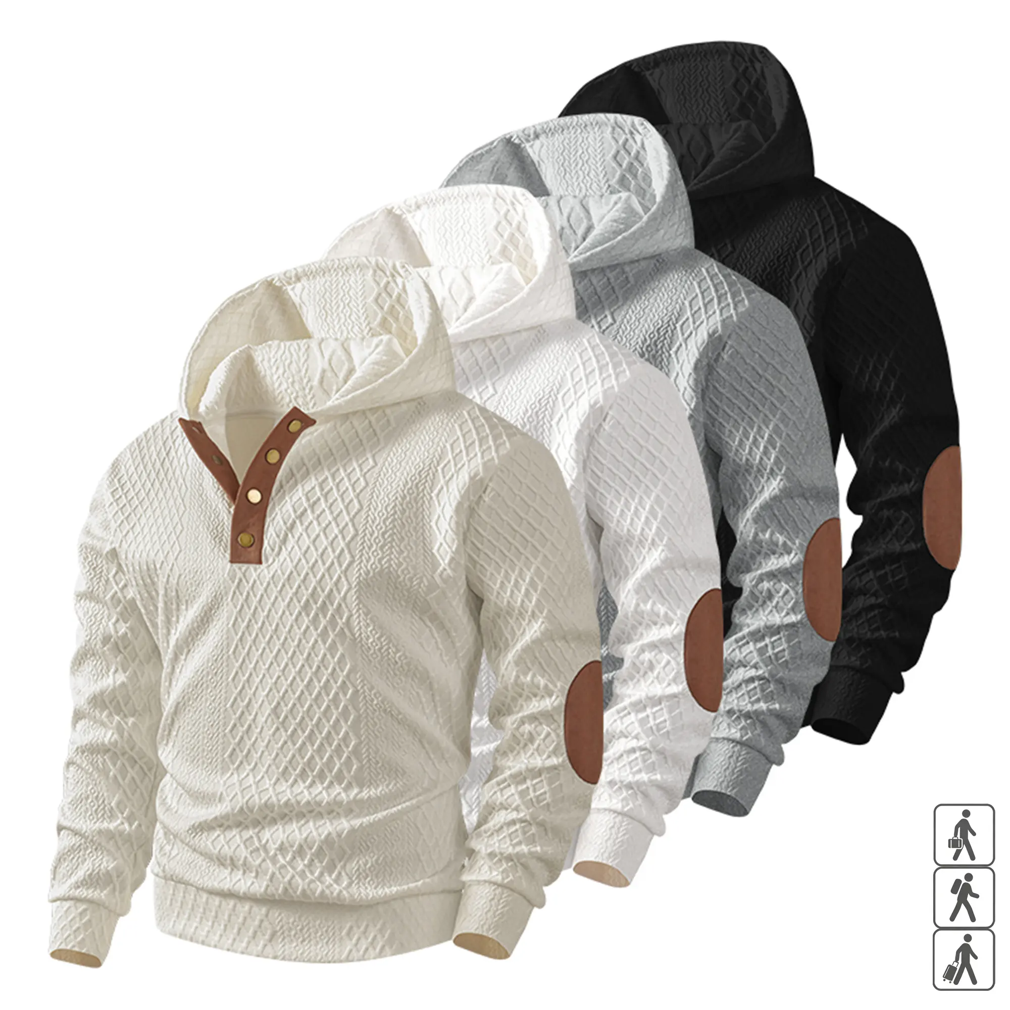 Men's Quilted Hooded Pullover - Stretch Casual Hoodie with Leather Trim Neck & Elbow Patches, No-Logo,  S-3XL, Fast US Shipping #QuiltedHoodie #MensCasual #TikTokMadeMeBuyIt Fabric Menswear