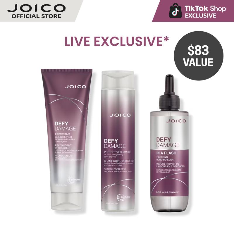 Joico Defy Damage Haircare Trio - Shampoo (10.1oz), Conditioner (8.5oz) & In-A-Flash Treatment for Rapid Repair, Bond Protection & Daily Strengthening
