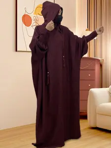 Women's Solid Color Double Hooded Lounge Dress, Casual Long Sleeve Dressing Gown for Home Worship, Ladies Sleepwear for All Seasons, Muslim Outfits, Traditional Arabic Robe, Modest Muslim Thobe, Modesty Muslim Thobe