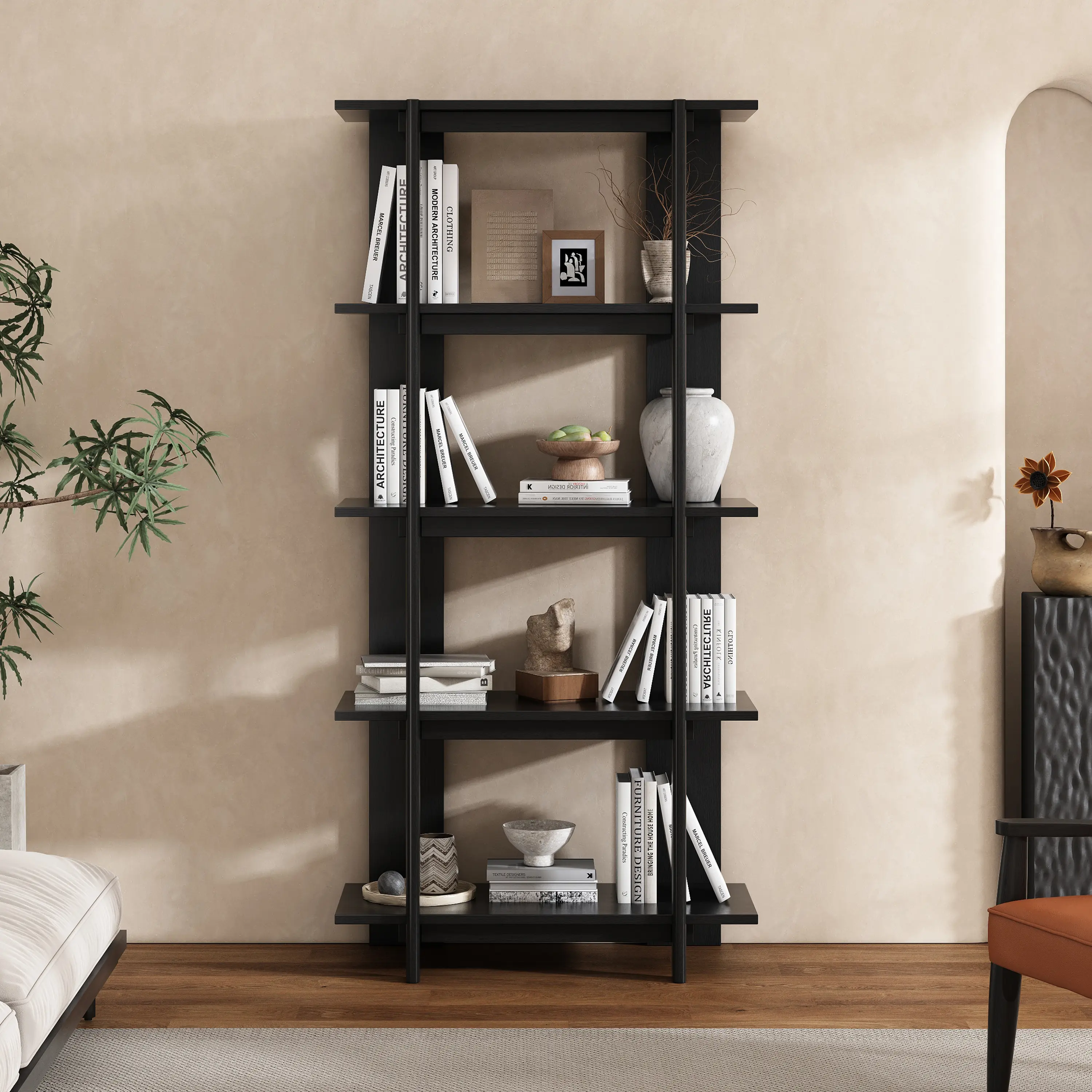4-Tier Wooden Open Bookcase Modern Acacia Wood Display Bookshelf Ebonized Finish Tall Standing Shelf Unit for Living Room Home Office Storage Organizer Multiple Shelves, Home Furniture and Household Product Search Terms for US Online Shopping