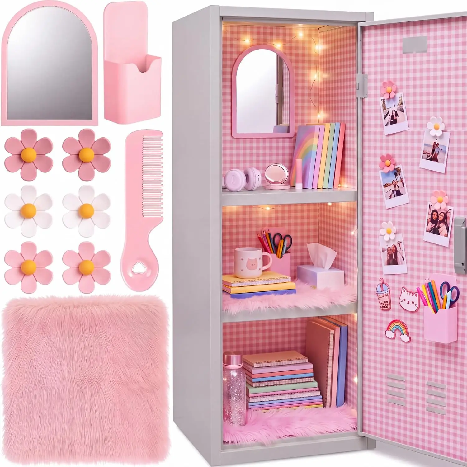 Locker Decor Kit Magnetic Organizer 10 Pcs Students for Back to School Dorm Room Accessories, Pink & White Plush Locker Rug, Acrylic Mirror, Magnetic Pen Holder & Flower Magnets