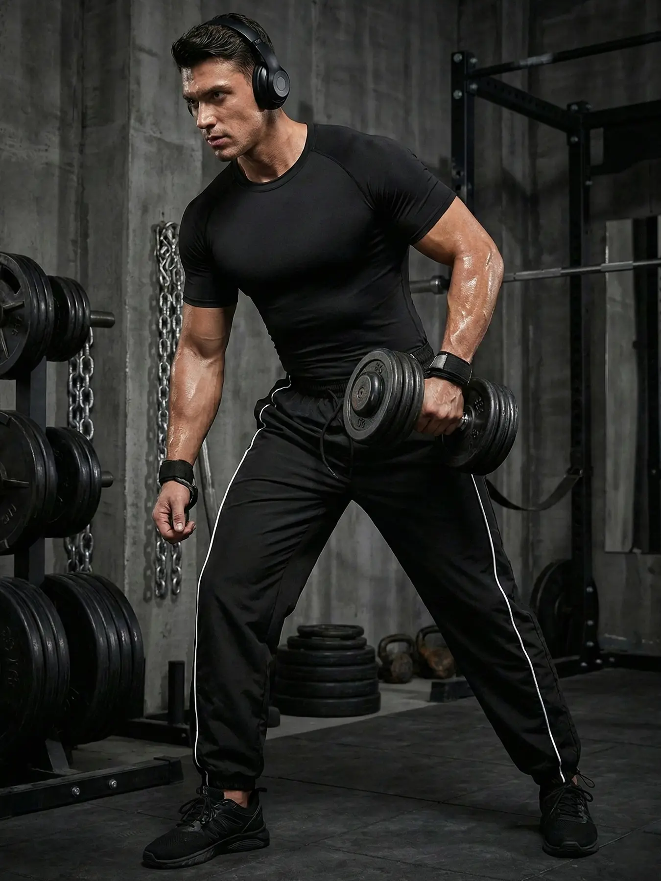 Men's Fitness Workout Running Sport Set for All Seasons, Round Neck Short Sleeve Compression Shirt Tight Fit T-Shirt Tees + Drawstring Elastic Waist Pants with Adjustable Cuffs Athleisure Trousers Sweatpants with Side Stripe