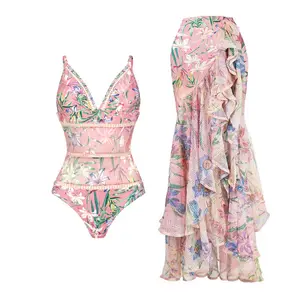 One-piece swimsuit with V-neck, mesh inserts, and printed design for women