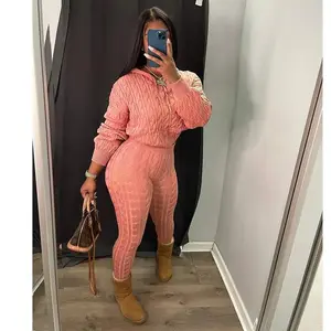 2pcs Women Solid Color Long Sleeve Zip Front Hooded Cardigan And Knitted Pants Set, Autumn/Winter Tops FitGift