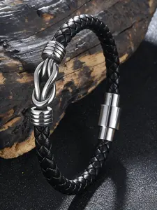 Men's Braided Leather Bracelet, Vintage Punk Style Stainless Steel Magnetic Buckle Wristband, Daily Wear & Party Gift, Versatile Use