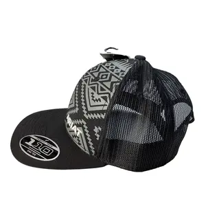 Men’s Black Aztec Flat Bill Trucker Cap, Adjustable Flex Fit, Breathable Mesh Snapback, Modern Streetwear Hat for Casual & Outdoor Wear