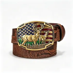 Western Cowboy PU Leather Belt - Men Waist Strap Bull Decoration Floral Engraved for Jeans chao ren Brown