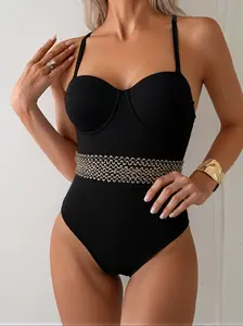 Black High-Waisted One-Piece Swimsuit - Belted Waist Slimming Design, Curve-Enhancing for Vacation
