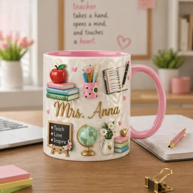 Custom Name Teacher Faux 3D Effect Mug, Back to School Mug, Personalized Teacher With Name Coffee Cup, Teacher Appreciation Gift, Pink Classroom Mug 2D Print Ceramic Cup