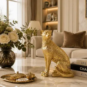 Golden Resin Leopard Abstract statue, Modern Artistic Home Decor for Living Room, Shelf, Desktop or Office, Elegant Animal Figurine Gift