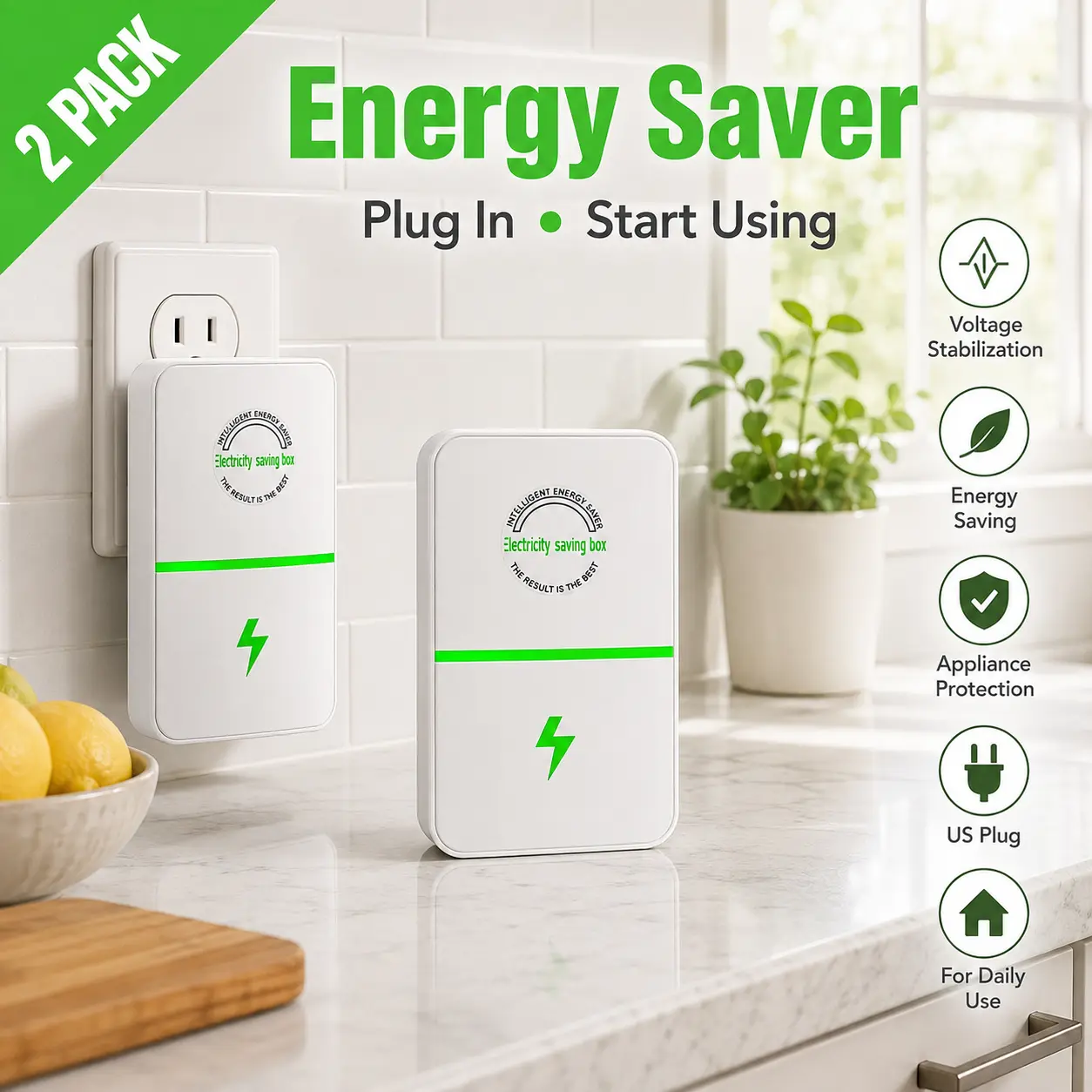 2PCS Energy Saver Plug, US Plug-In Power Box, 90-250V Compact Power Management Device for Home, Office & Household Appliances backtoschool