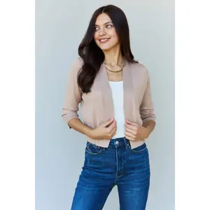 Doublju My Favorite Full Size 3/4 Sleeve Cropped Cardigan in Khaki