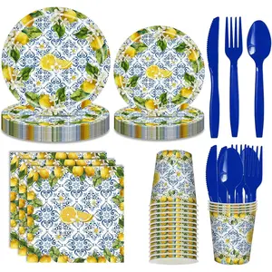 168 Pcs Amalfi Coast Party Decorations Serve 24 Guests Lemon Plates and Napkins Party Supplies Mediterranean Decor Paper Disposable Dinnerware Sets