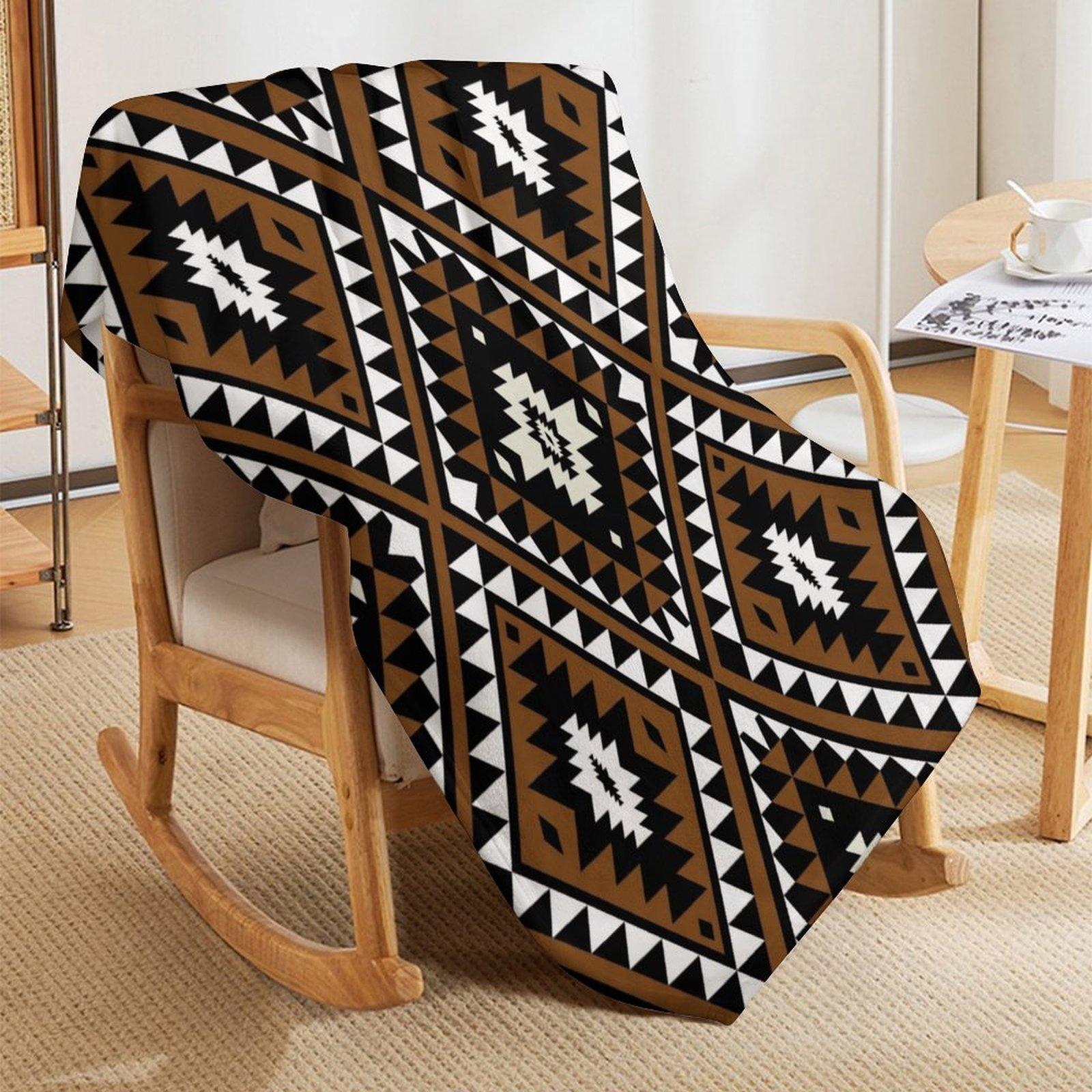 Navajo Southwestern Tribal Fleece Blanket, Aztec Geometric Print Soft Cozy Throw, Brown Black Boho Western Home Decor Gift for Couch Bed