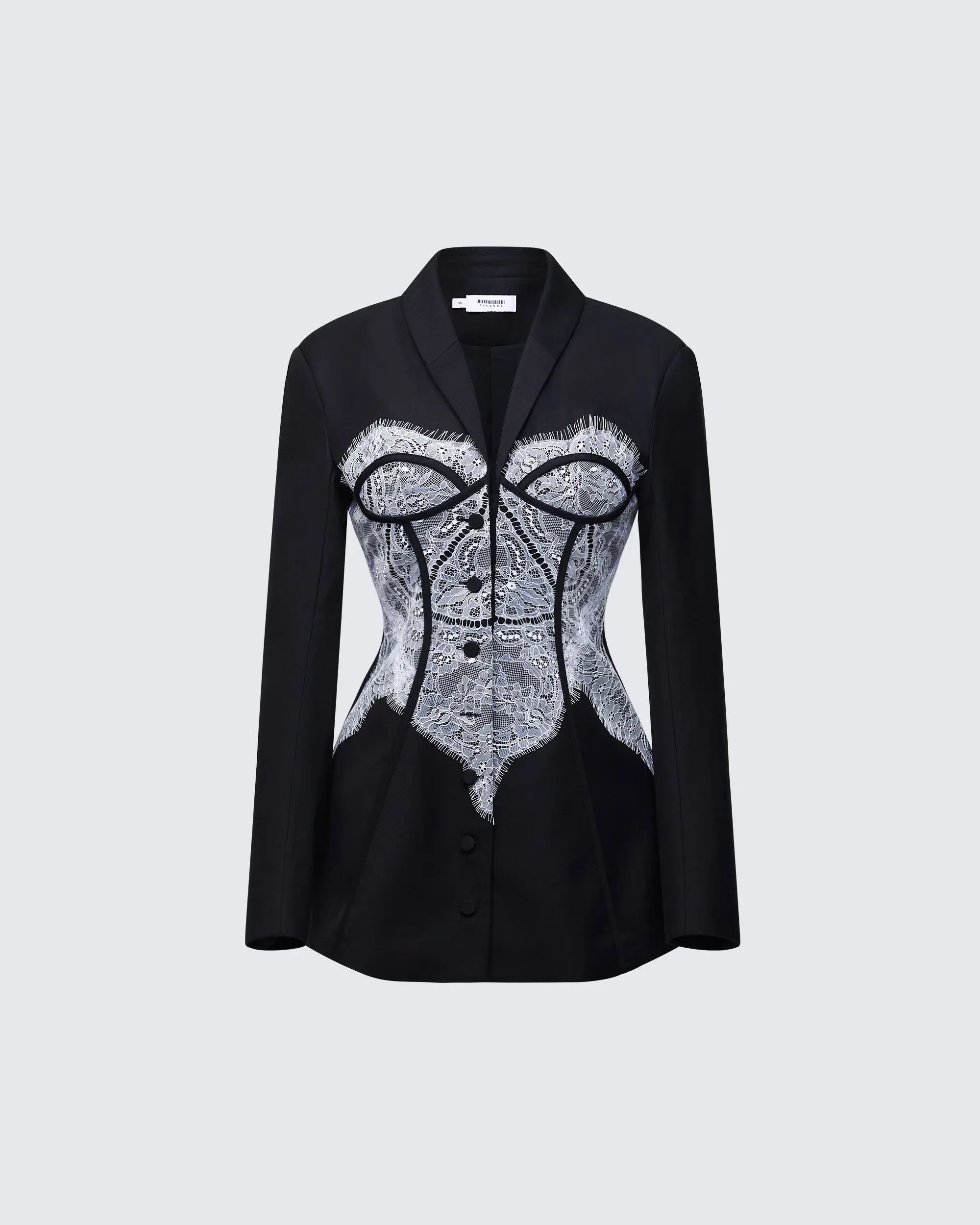 Women's Fitted Blazer with a Printed Corset Graphic, a Long Sleeve Ready-to-Wear Button-Front Polyester-Rayon Corporate Jacket, Lingerie, Lacy, Corporate Goth