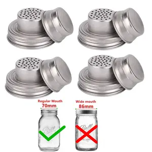 4Pcs Mason Jar Shaker Lids Stainless Steel with Silicone Seals for Spices Dredge Flour Sugar Salt Peppers and Any Canning Lid mouth regular