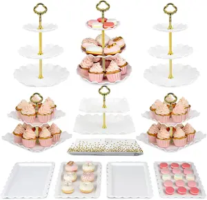 Pack of 10  Cake Stand Set, with 3 x Two-Tier and 3 x Three-Tier Cupcake Stands, 4 x Appetizer Trays, 1 x Tablecloth for Birthday Bridal Baby Shower Party (Gold)
