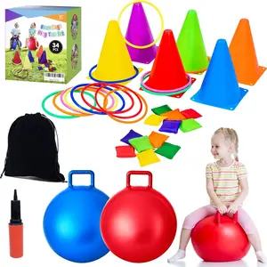 Carnival Outdoor Games Combo Set for Kids, 18 Inch Hopper Balls with Handles, Ring Toss, Bean Bags, Egg Spoon Relay Race, Fun for Backyard, Field Day, School, Birthday Parties, Family Events
