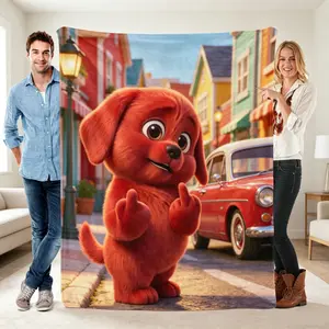 Funny Middle Finger Red Puppy Throw Blanket, Viral Meme Cartoon Dog Fleece Blanket, Trendy Edgy Aesthetic Soft Cozy Bed Blanket, Novelty Humorous Home Decor Gift for Teen