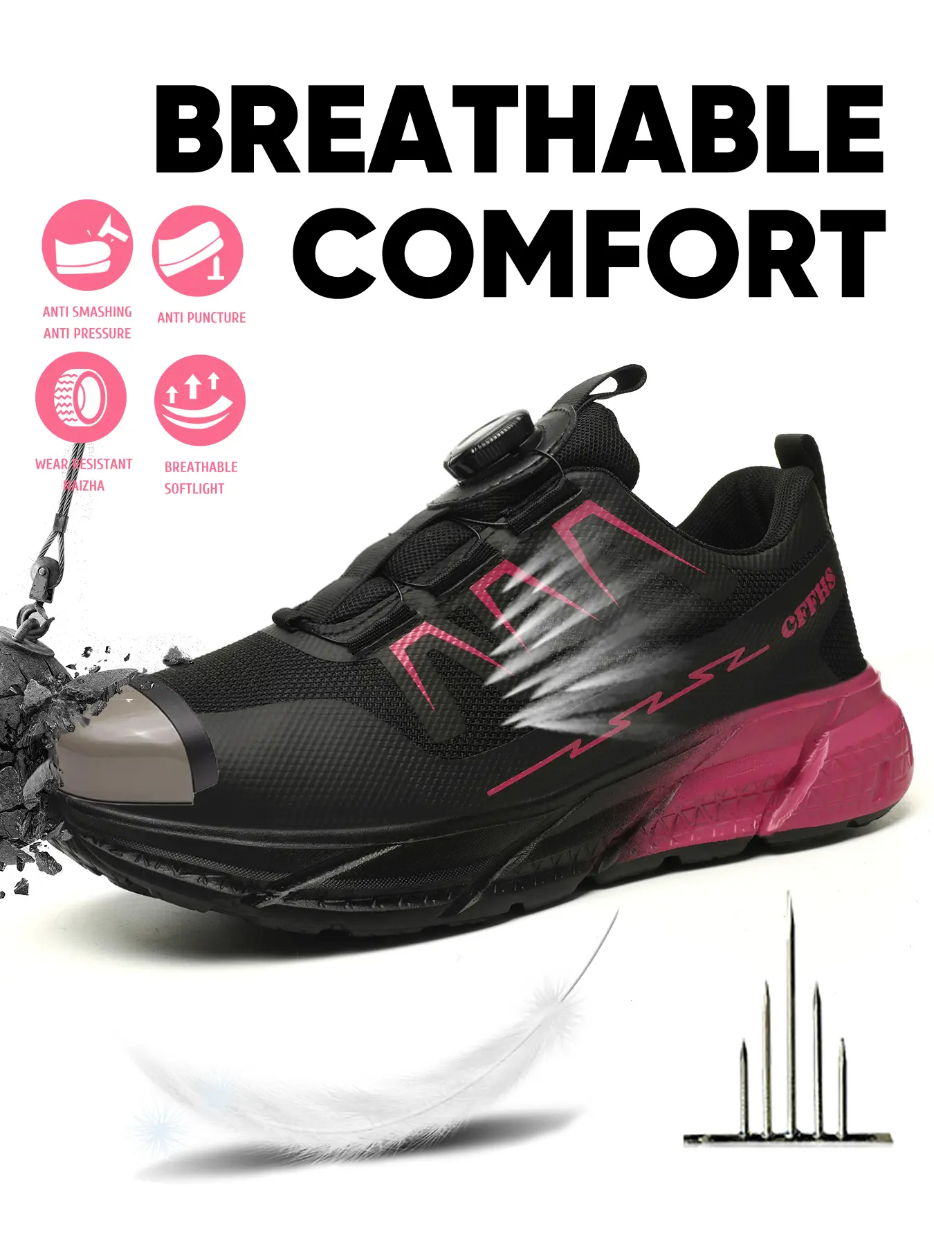 Women's Work Safety Shoes, Steel Toe Workshoes, Safety Work Footwear, Knob Lace-Up Design, Thickened Steel Toe, Comfortable Breathable Anti-Smash Anti-Puncture, Suitable for Construction Sites
