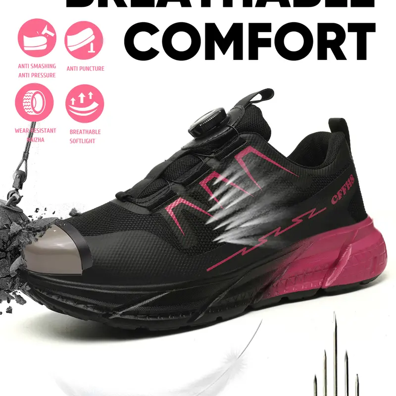 Women's Work Safety Shoes, Steel Toe Workshoes, Safety Work Footwear, Knob Lace-Up Design, Thickened Steel Toe, Comfortable Breathable Anti-Smash Anti-Puncture, Suitable for Construction Sites