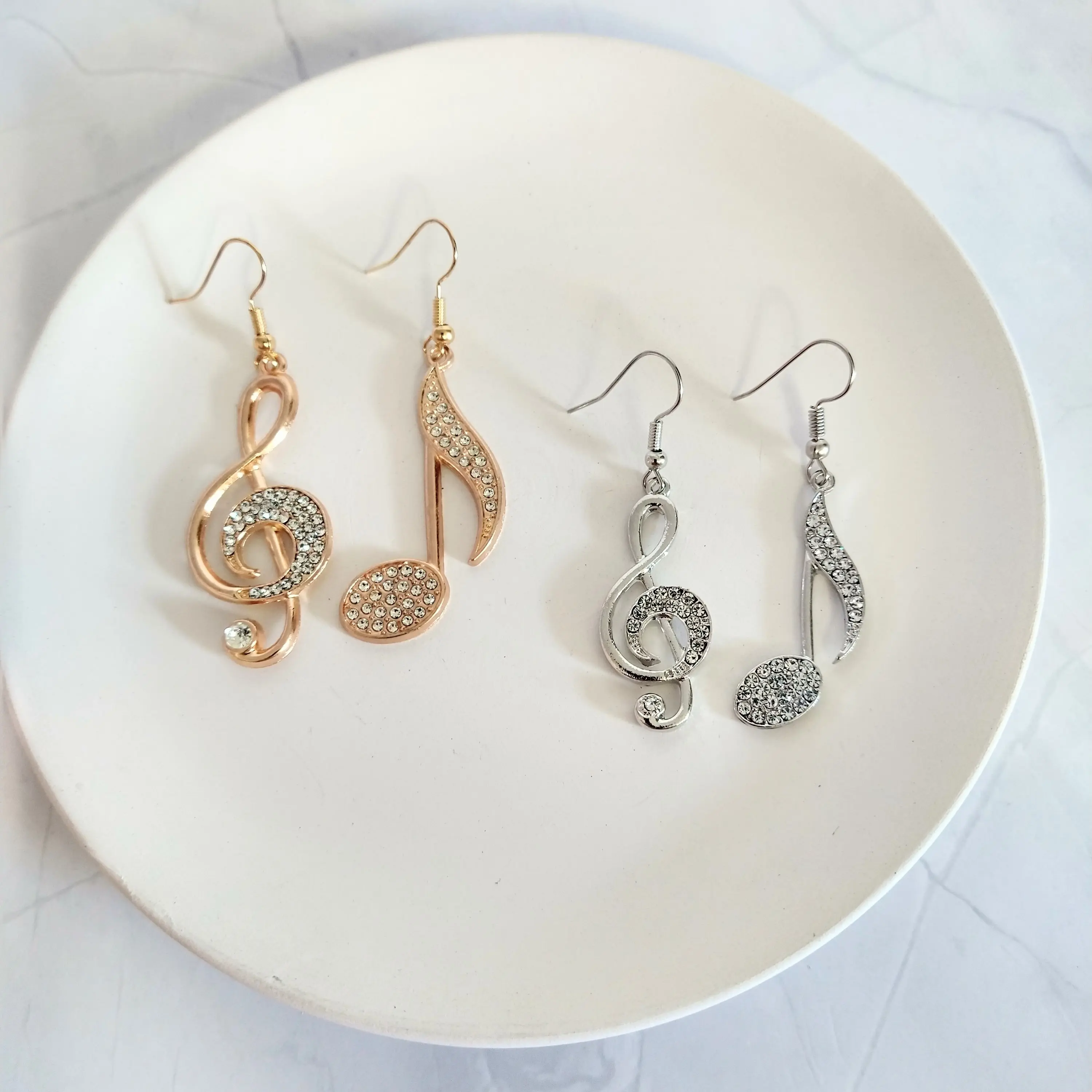 #398 Asymmetrical Music Notes with Rhinestones Earrings, Casual, Music, School, Teacher, Copper